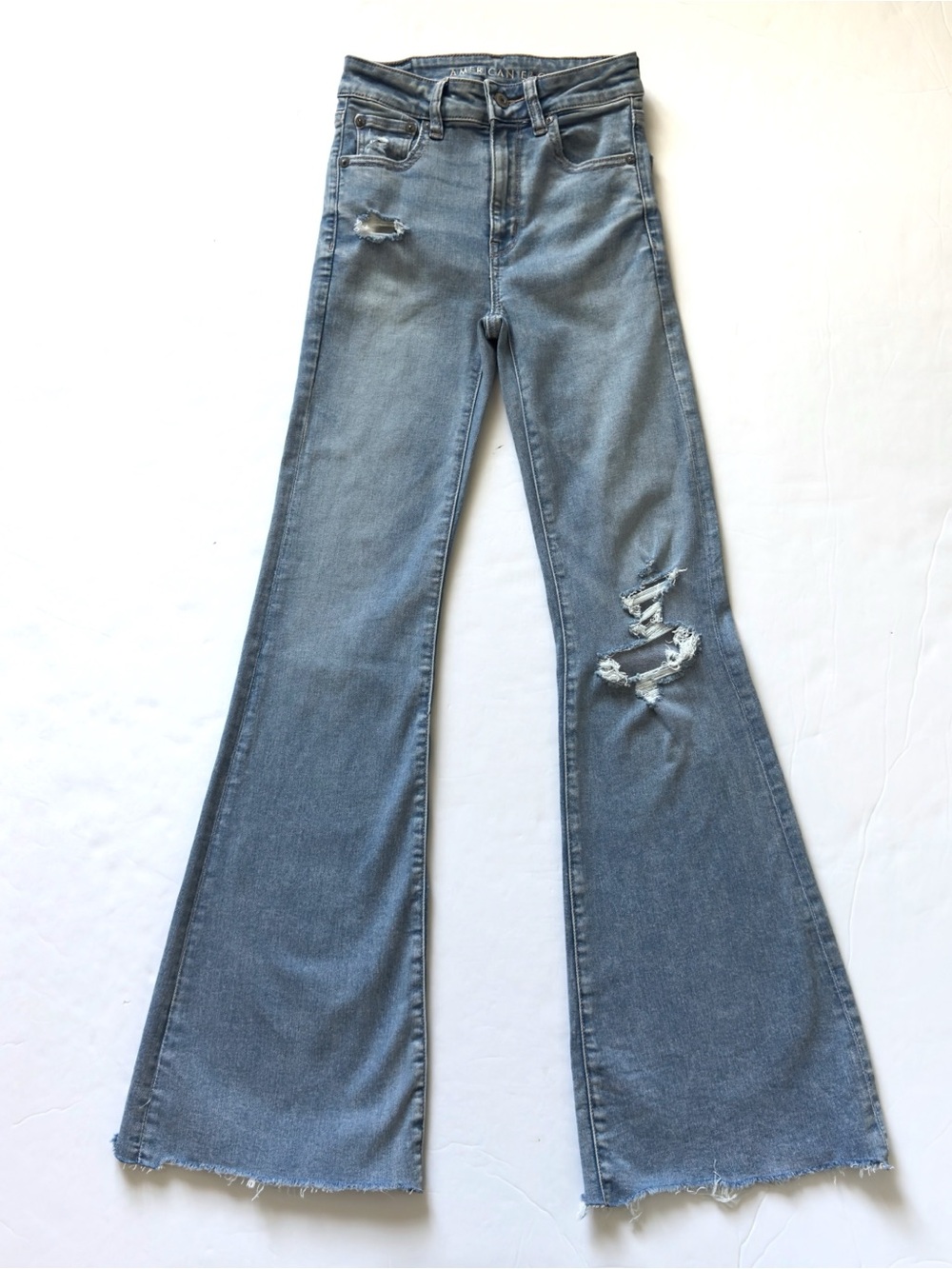 American Eagle Super High Rise Flare Jeans 00 Distressed Light Stretch Festival